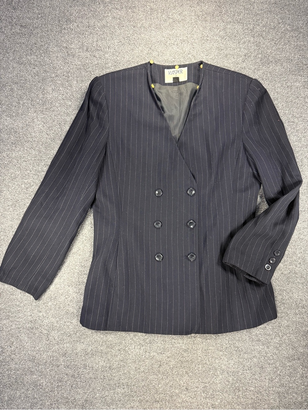 Kasper for A.S.L Women’s Navy Pinstripe Double-Breasted Blazer - Vintage